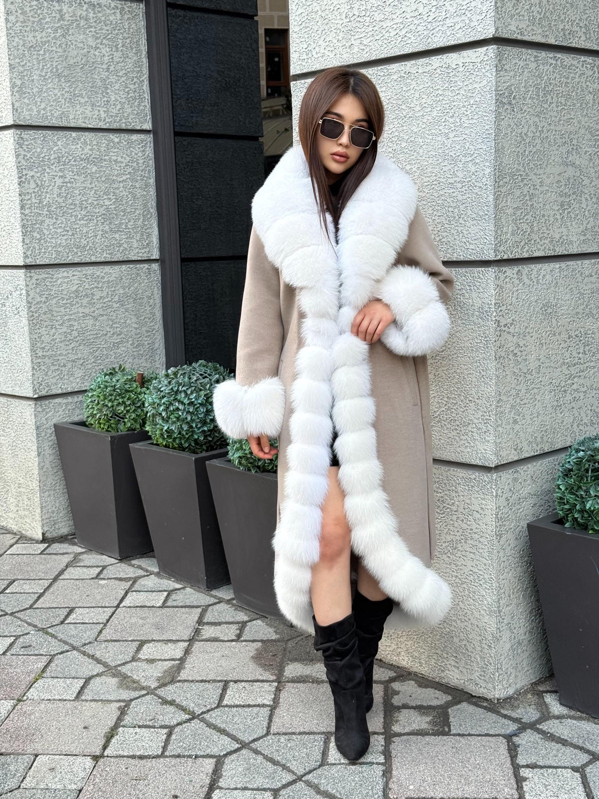 Beige Long Cashmere Blend Coat With Fox Fur Trim. Womens Front & Cuffs - Arctic Fox Fur Coat