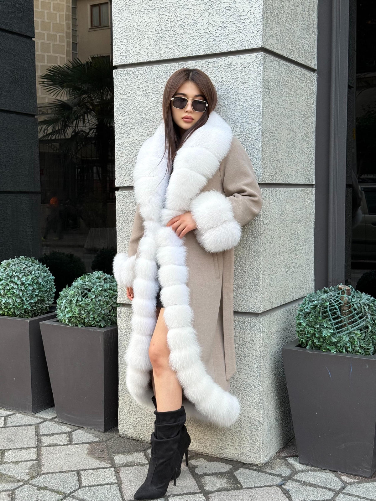 Beige Long Cashmere Blend Coat With Fox Fur Trim. Womens Front & Cuffs - Arctic Fox Fur Coat