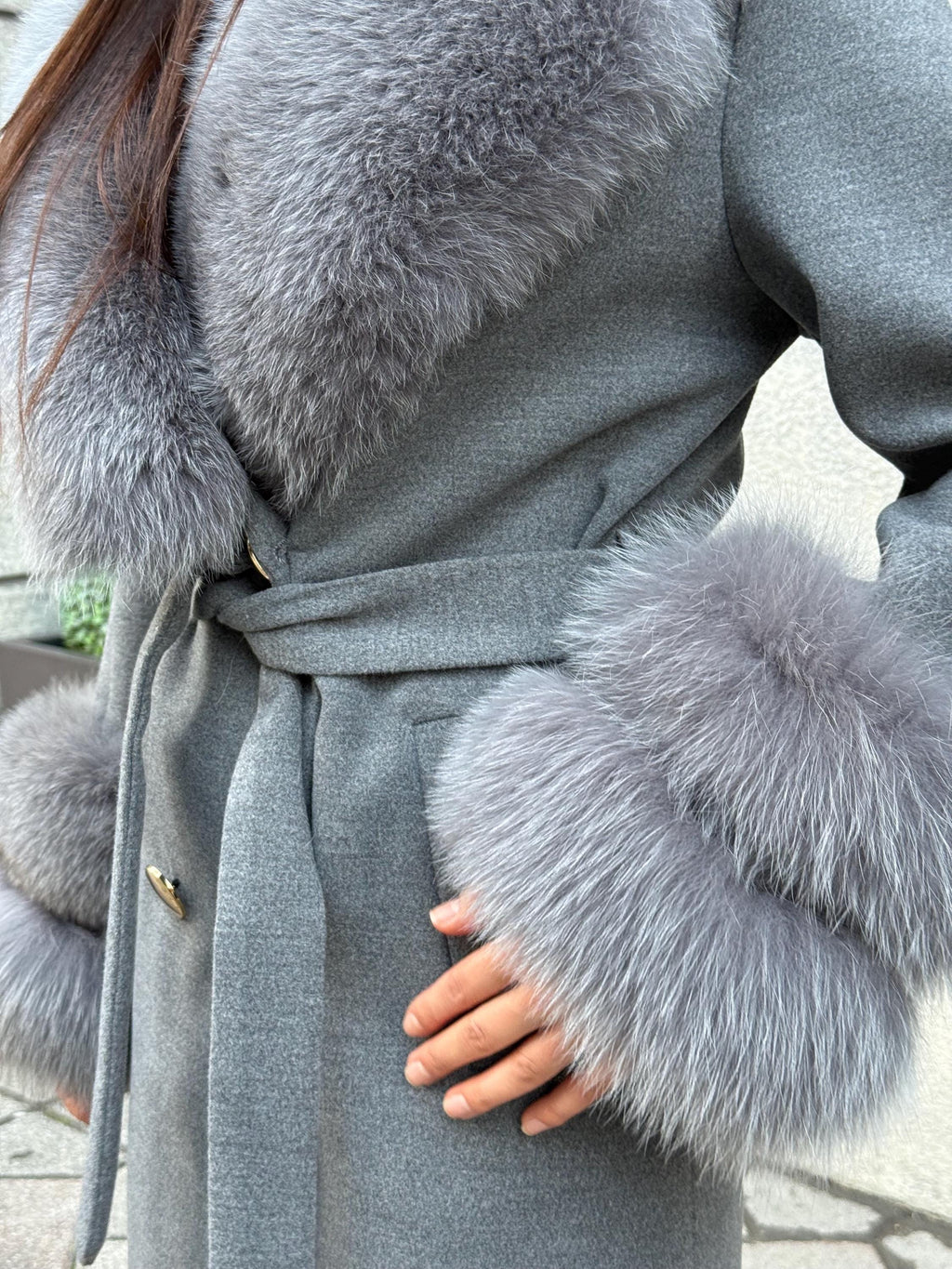 Gray Cashmere Coat With Fox Fur Trim | Luxury Collar Cuffs Fox Fur Coat | Handmade Plus Size Belted Wool Coat For Women, Fox Fur Coat