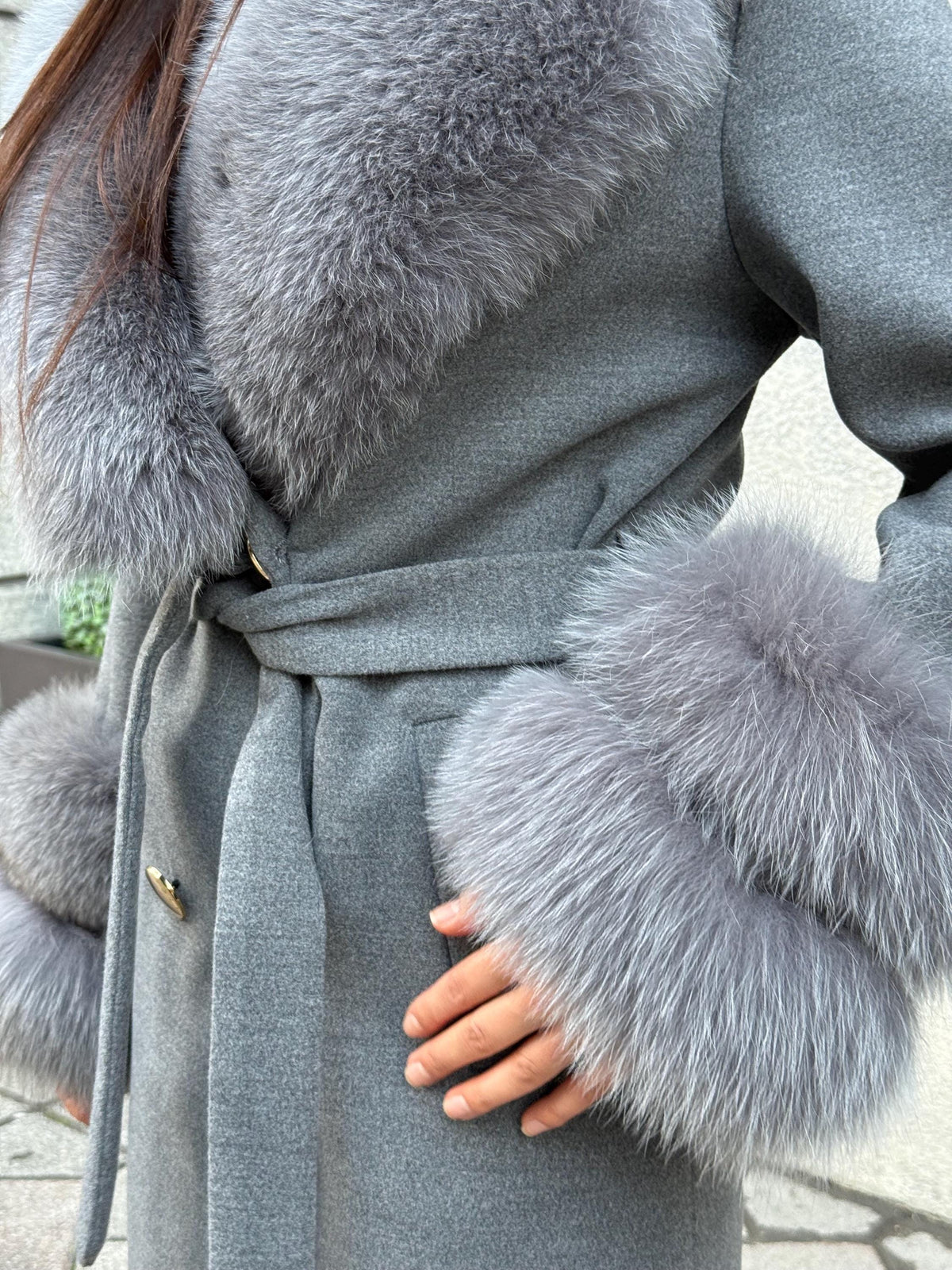 Gray Cashmere Coat With Fox Fur Trim | Luxury Collar Cuffs Fox Fur Coat | Handmade Plus Size Belted Wool Coat For Women, Fox Fur Coat
