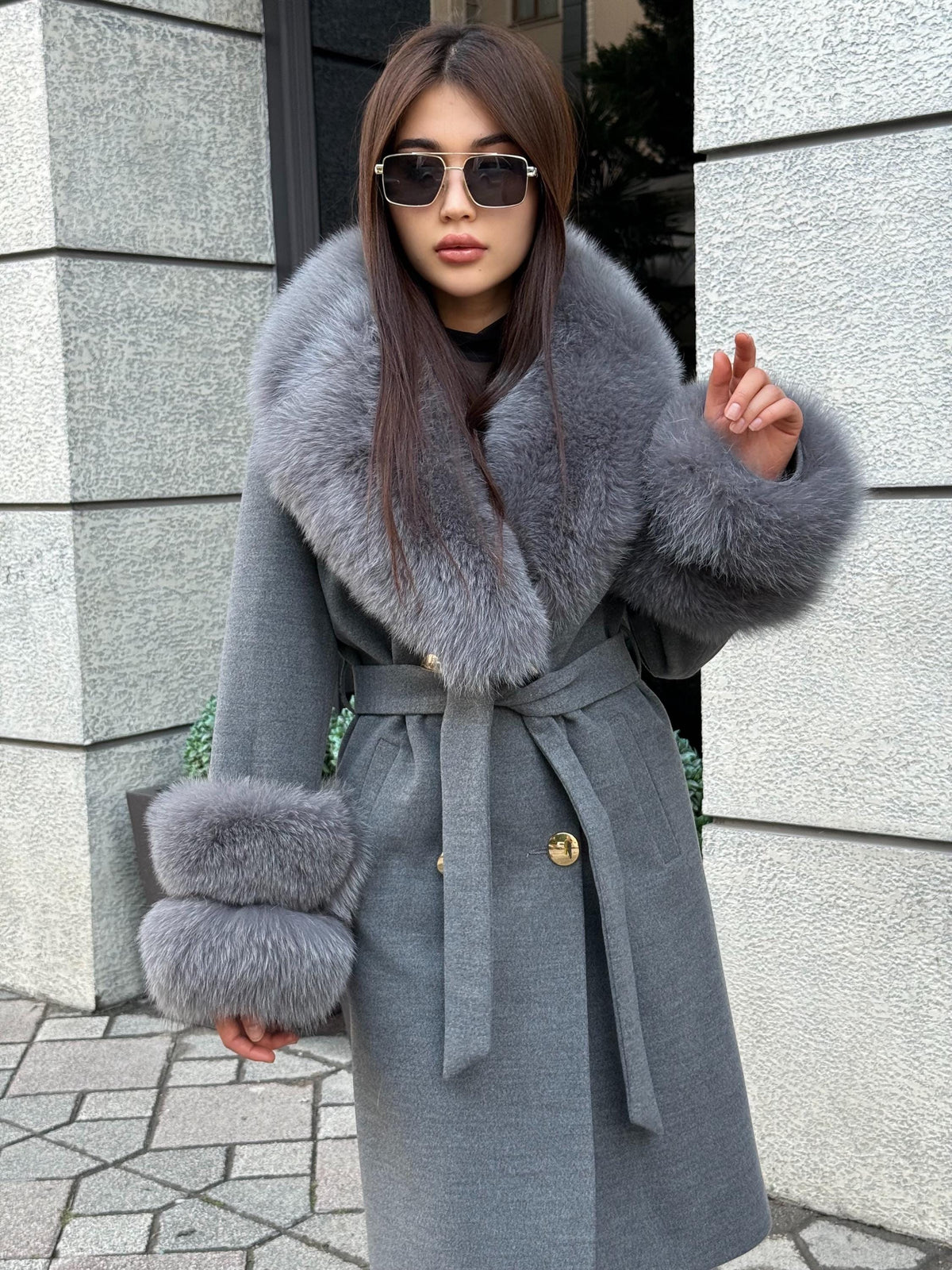 Gray Cashmere Coat With Fox Fur Trim | Luxury Collar Cuffs Fox Fur Coat | Handmade Plus Size Belted Wool Coat For Women, Fox Fur Coat