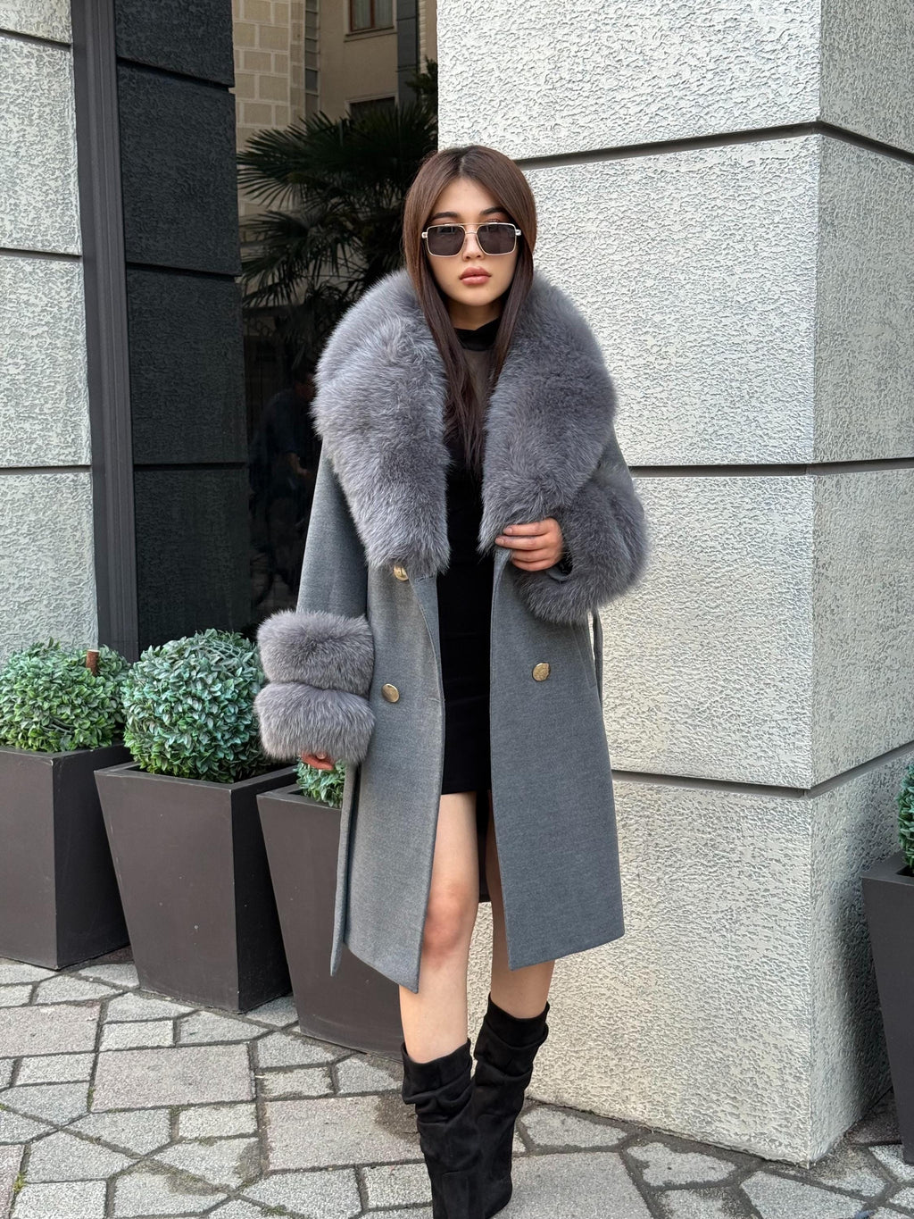Gray Cashmere Coat With Fox Fur Trim | Luxury Collar Cuffs Fox Fur Coat | Handmade Plus Size Belted Wool Coat For Women, Fox Fur Coat