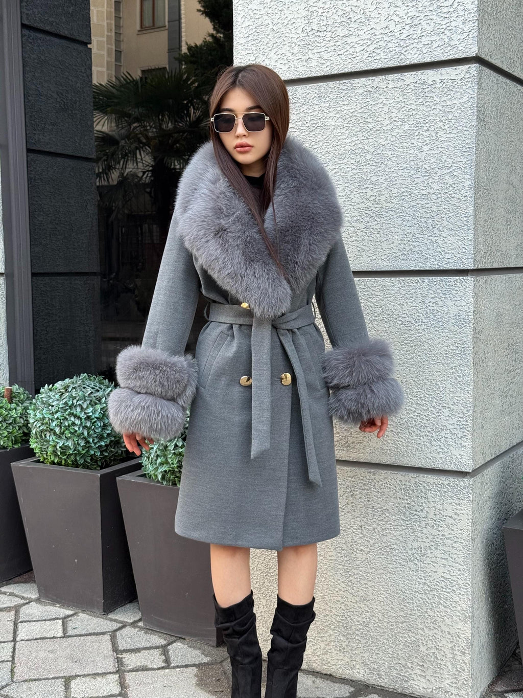 Gray Cashmere Coat With Fox Fur Trim | Luxury Collar Cuffs Fox Fur Coat | Handmade Plus Size Belted Wool Coat For Women, Fox Fur Coat