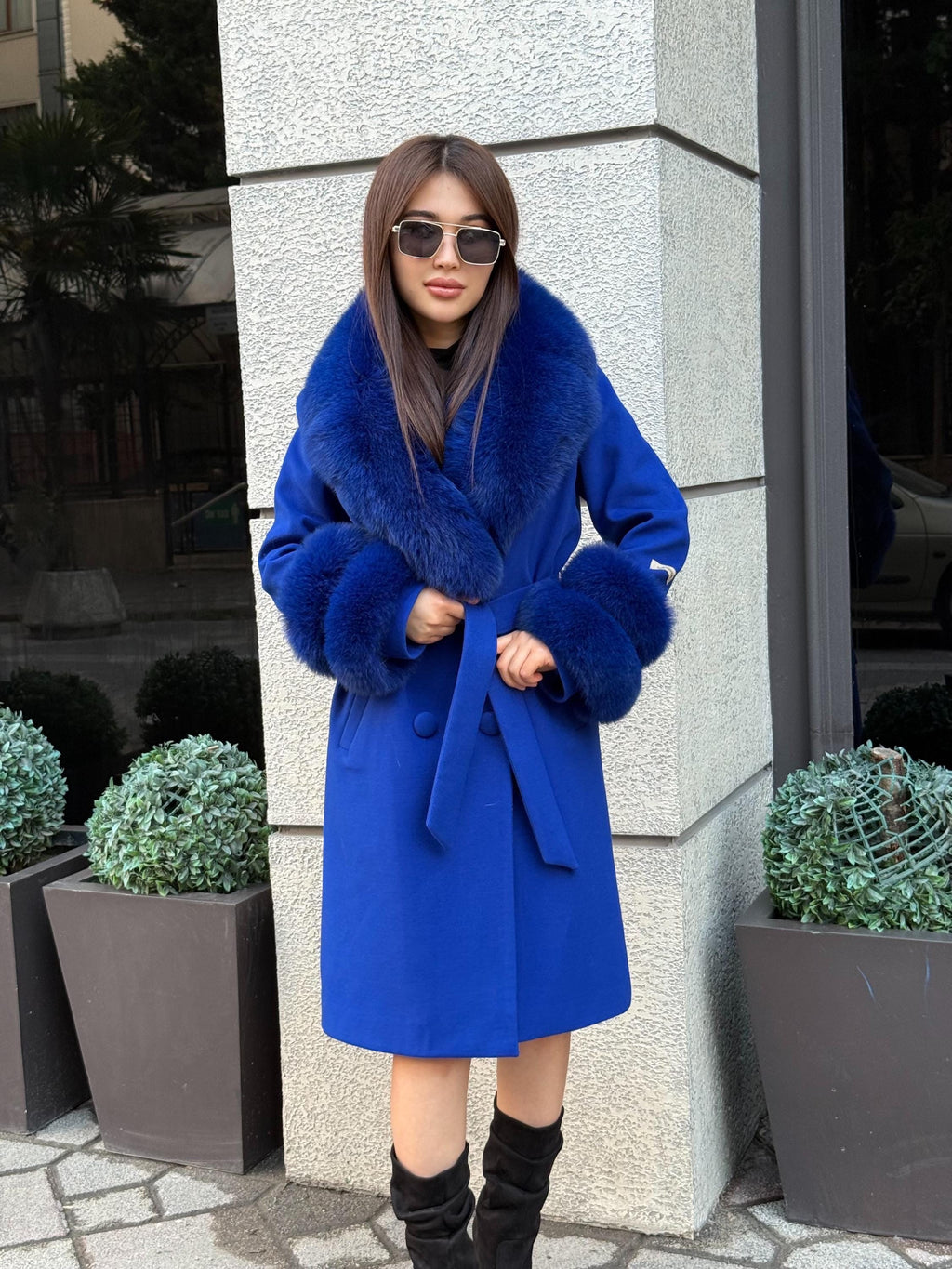 Sax Blue Cashmere Coat With Fox Fur Trim | Collar Cuffs Fox Fur Coat. Handmade Plus Size Long Belted Wool Coat For Women, Fox Fur Coat