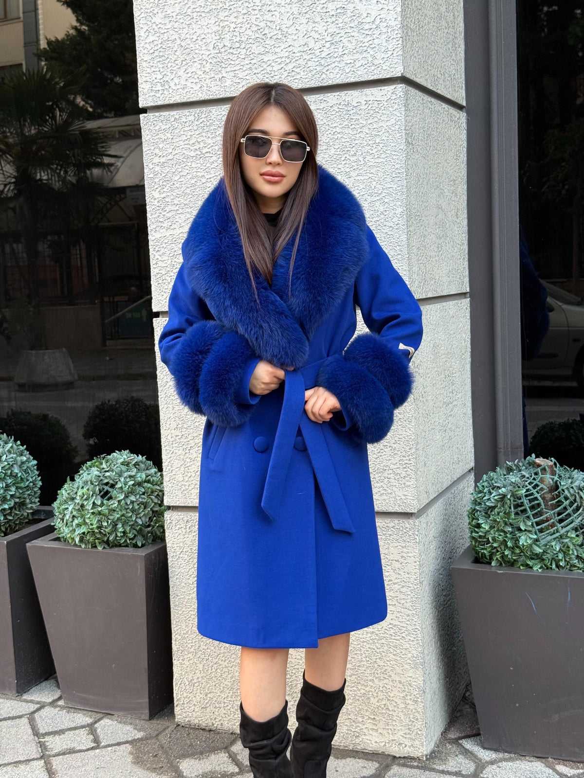 Sax Blue Cashmere Coat With Fox Fur Trim | Collar Cuffs Fox Fur Coat. Handmade Plus Size Long Belted Wool Coat For Women, Fox Fur Coat