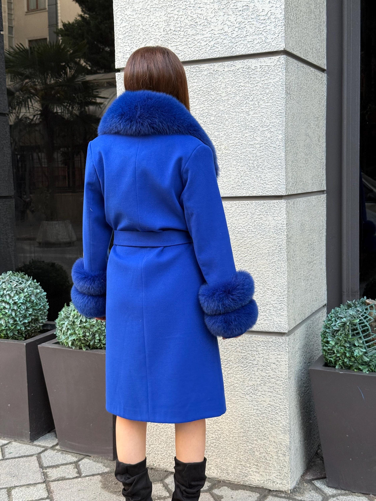 Sax Blue Cashmere Coat With Fox Fur Trim | Collar Cuffs Fox Fur Coat. Handmade Plus Size Long Belted Wool Coat For Women, Fox Fur Coat