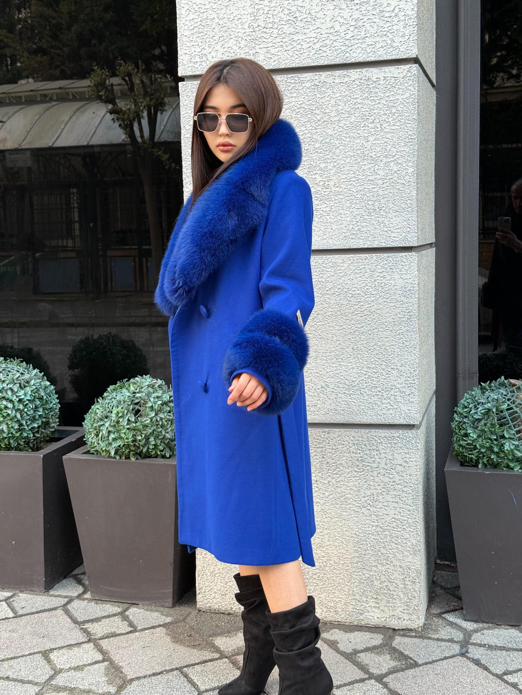 Sax Blue Cashmere Coat With Fox Fur Trim | Collar Cuffs Fox Fur Coat. Handmade Plus Size Long Belted Wool Coat For Women, Fox Fur Coat