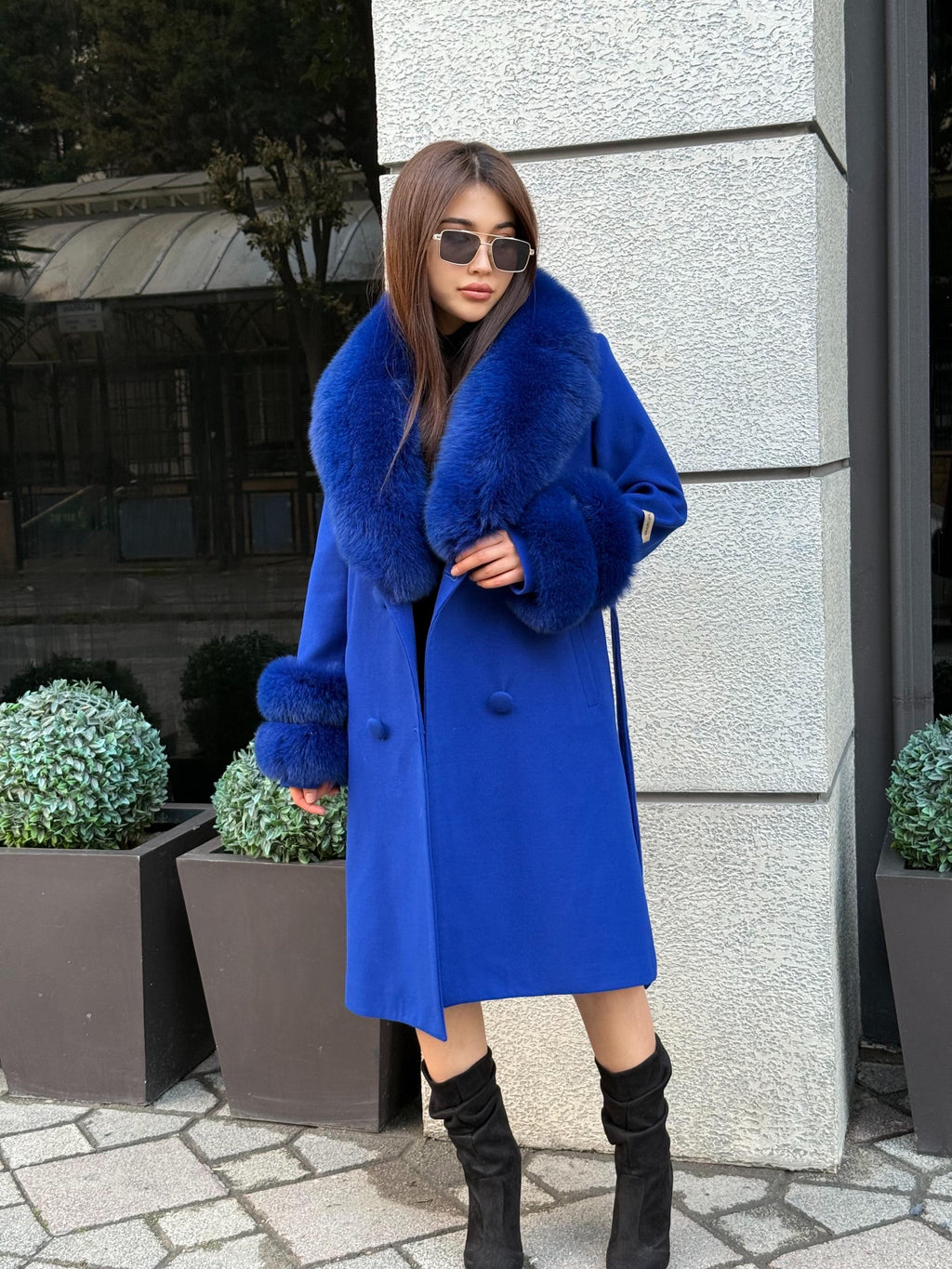 Sax Blue Cashmere Coat With Fox Fur Trim | Collar Cuffs Fox Fur Coat. Handmade Plus Size Long Belted Wool Coat For Women, Fox Fur Coat