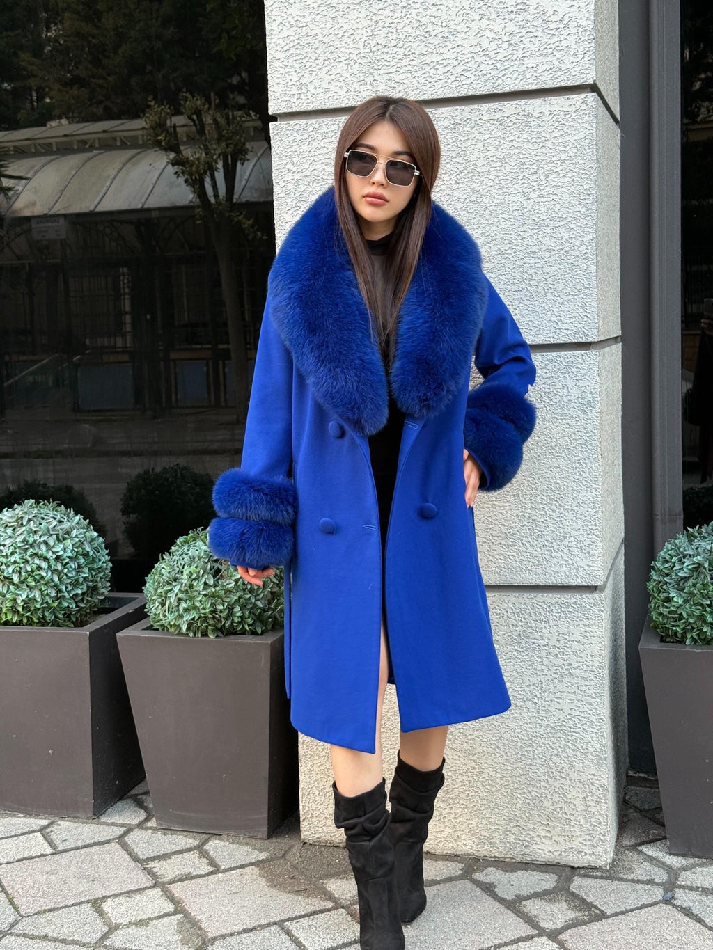 Sax Blue Cashmere Coat With Fox Fur Trim | Collar Cuffs Fox Fur Coat. Handmade Plus Size Long Belted Wool Coat For Women, Fox Fur Coat