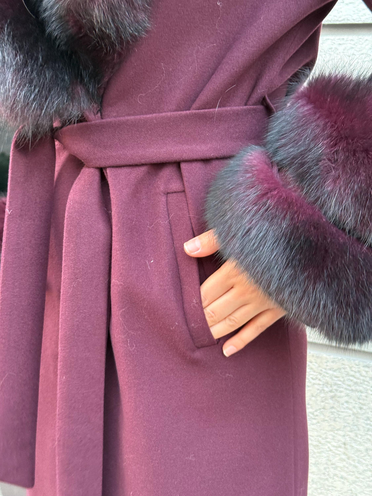 Burgundy Cashmere Collar&Cuffs Fox Fur Coat- Women Fox Fur Jacket. - Premium Burgundy Fox Fur Jacket