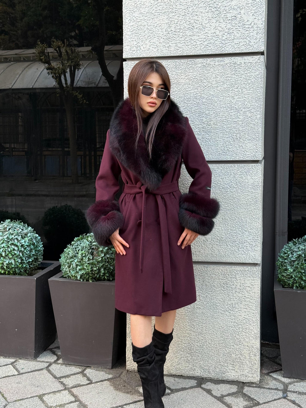 Burgundy Cashmere Collar&Cuffs Fox Fur Coat- Women Fox Fur Jacket. - Premium Burgundy Fox Fur Jacket