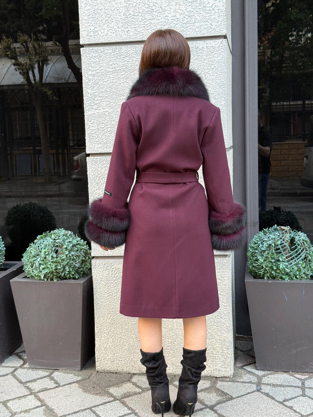 Burgundy Cashmere Collar&Cuffs Fox Fur Coat- Women Fox Fur Jacket. - Premium Burgundy Fox Fur Jacket