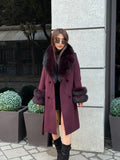 Burgundy Cashmere Collar&Cuffs Fox Fur Coat- Women Fox Fur Jacket. - Premium Burgundy Fox Fur Jacket