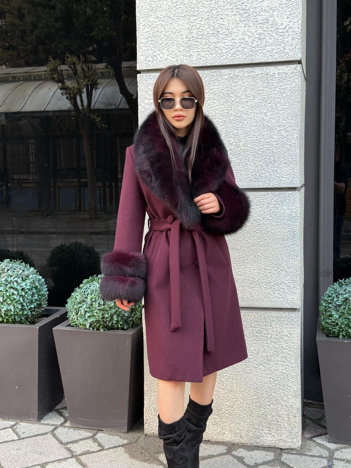 Burgundy Cashmere Collar&Cuffs Fox Fur Coat- Women Fox Fur Jacket. - Premium Burgundy Fox Fur Jacket