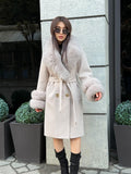Beige Long Cashmere Wool Blend Coat With Fur Trim. Collar & Cuffs Fox Fur Jacket. Beige Fox Fur