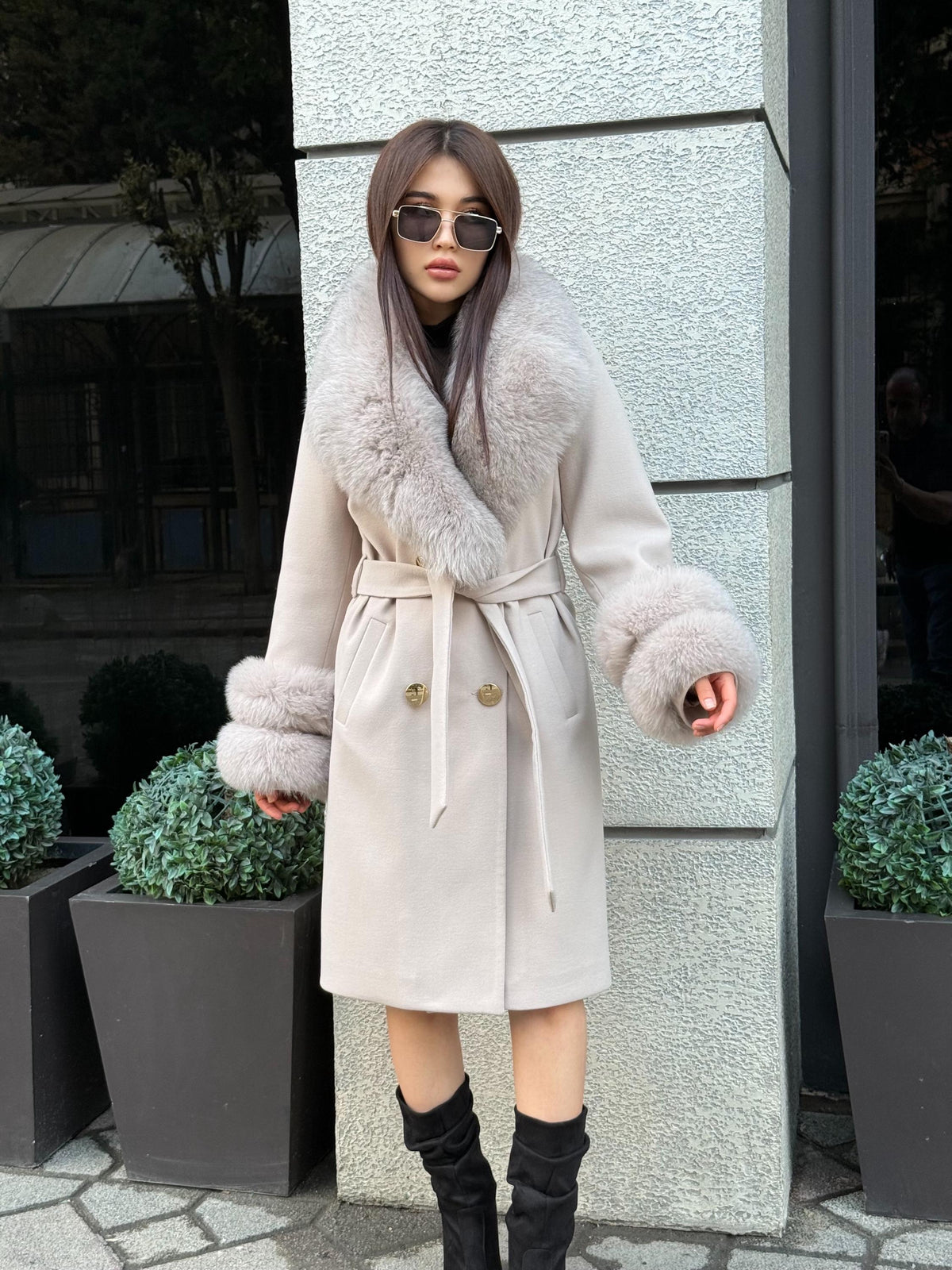 Beige Long Cashmere Wool Blend Coat With Fur Trim. Collar & Cuffs Fox Fur Jacket. Beige Fox Fur