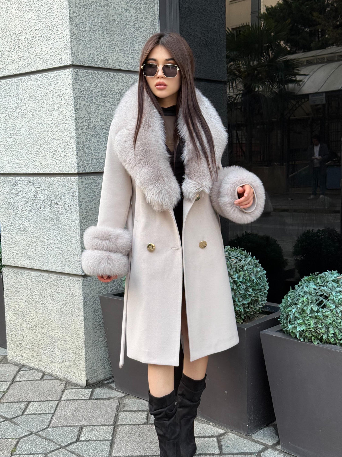 Beige Long Cashmere Wool Blend Coat With Fur Trim. Collar & Cuffs Fox Fur Jacket. Beige Fox Fur