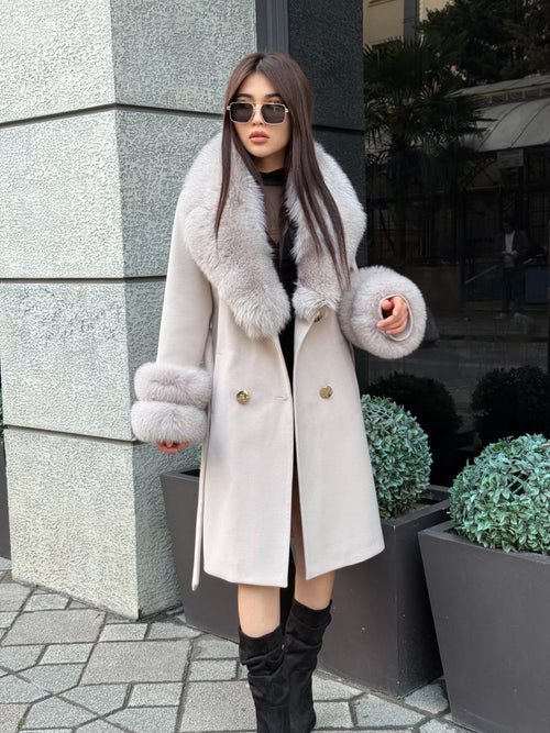 Beige Long Cashmere Wool Blend Coat With Fur Trim. Collar & Cuffs Fox Fur Jacket. Beige Fox Fur
