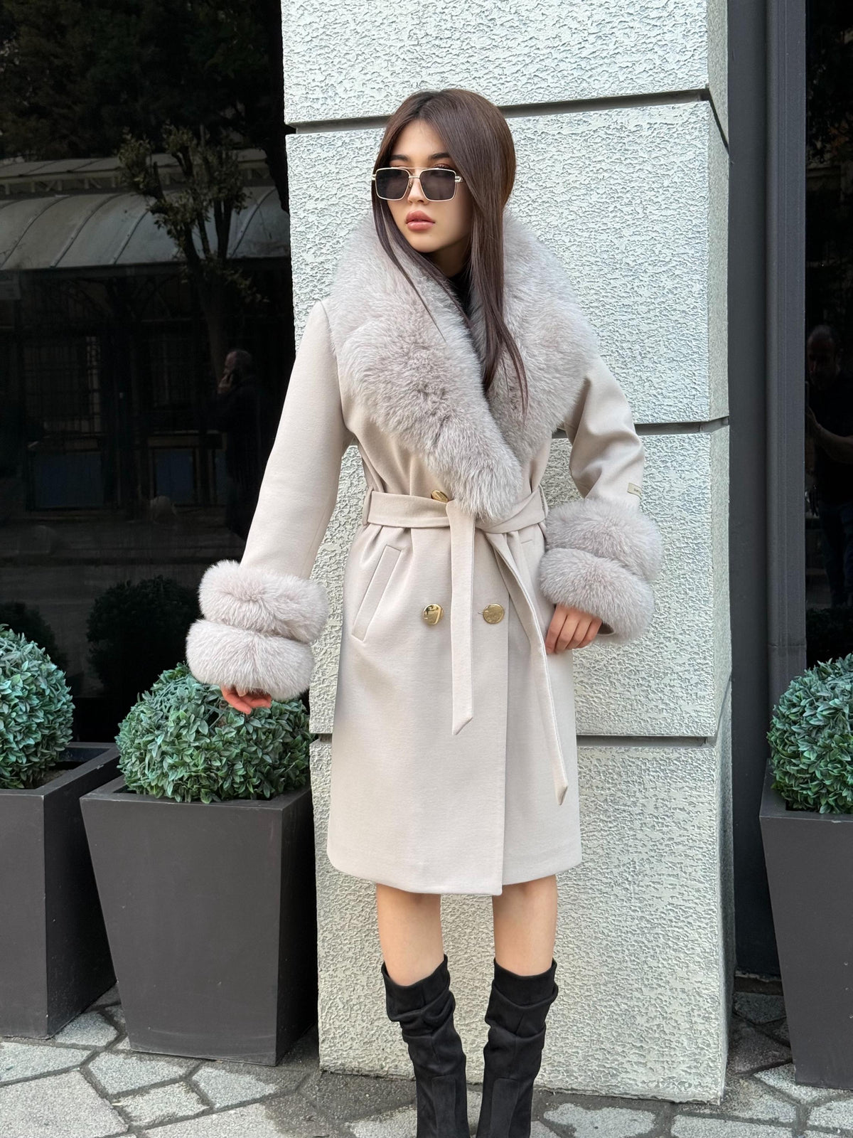 Beige Long Cashmere Wool Blend Coat With Fur Trim. Collar & Cuffs Fox Fur Jacket. Beige Fox Fur