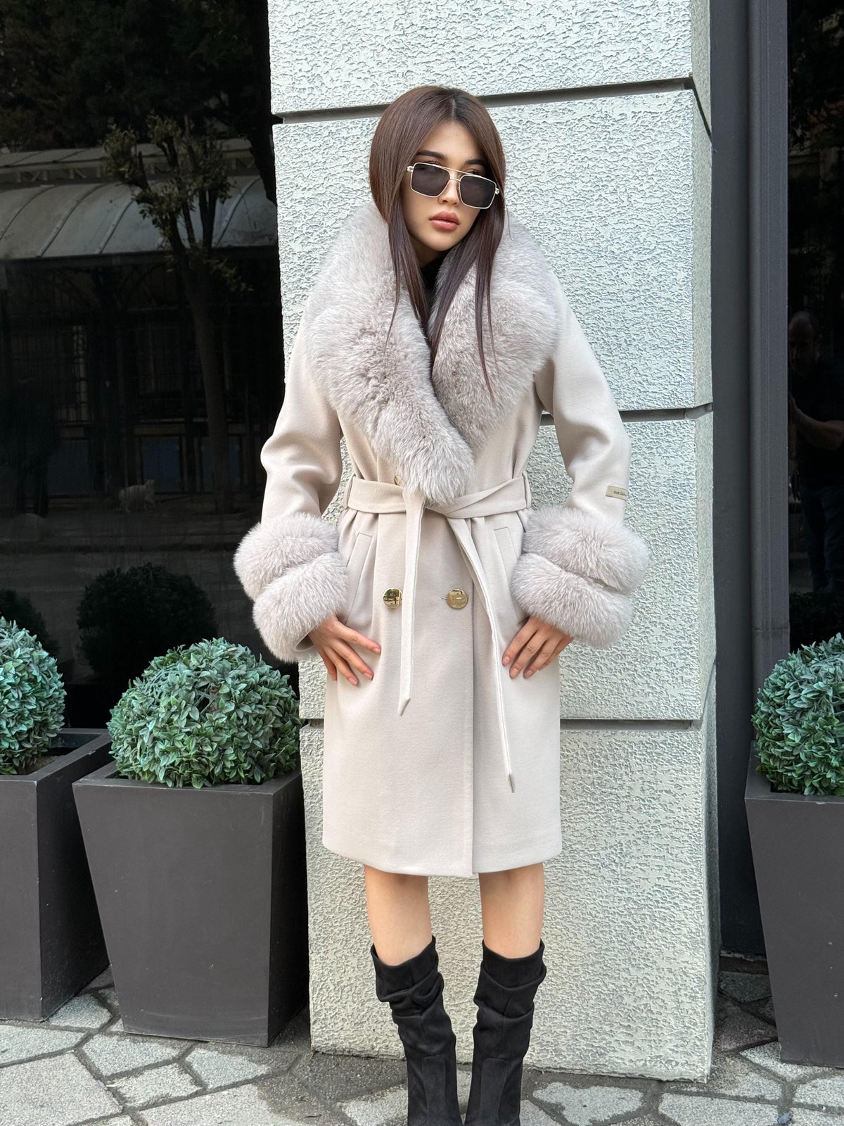 Beige Long Cashmere Wool Blend Coat With Fur Trim. Collar & Cuffs Fox Fur Jacket. Beige Fox Fur