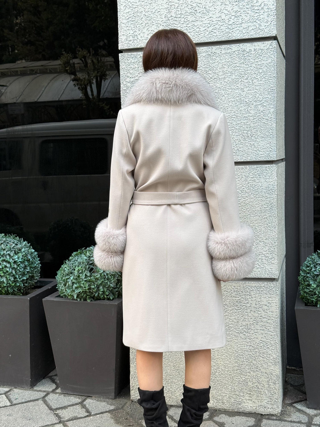 Beige Long Cashmere Wool Blend Coat With Fur Trim. Collar & Cuffs Fox Fur Jacket. Beige Fox Fur