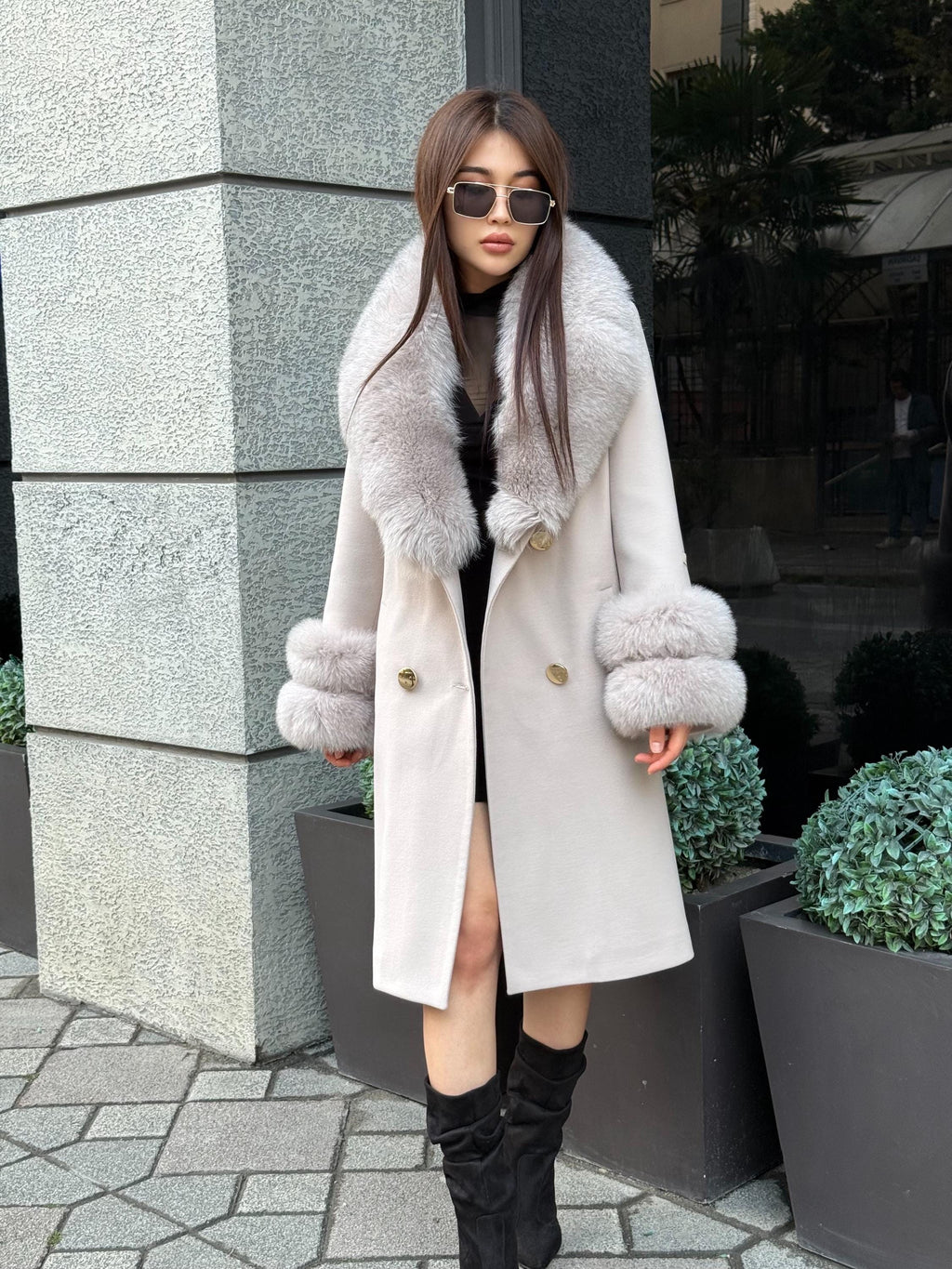 Beige Long Cashmere Wool Blend Coat With Fur Trim. Collar & Cuffs Fox Fur Jacket. Beige Fox Fur