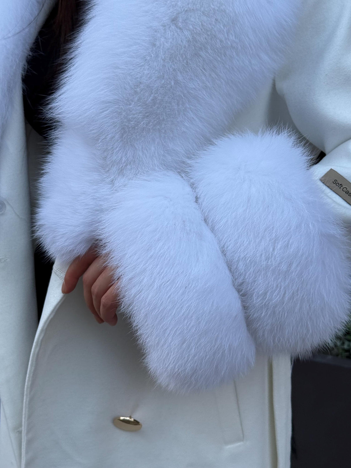White Cashmere Coat With Fox Fur Trim, Collar Cuffs Fox Fur Coat , Handmade Long Wool Coat For Women, Plus Size Fur Trimmed Coat