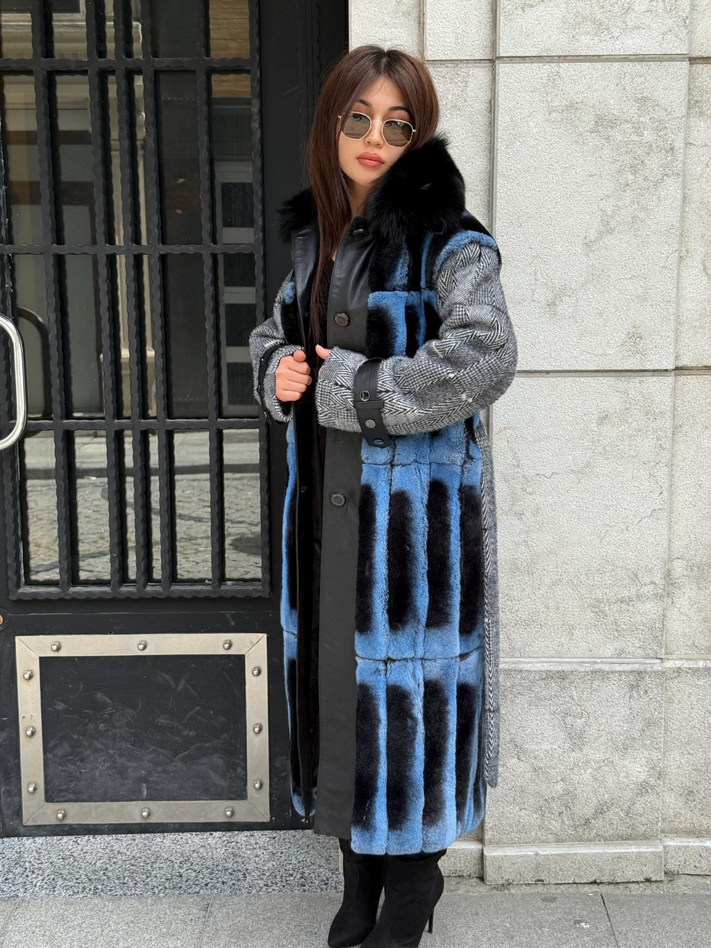 Luxury Handmade Rex Fur Patchwork Coat with Fox Fur Collar | Blue Black Women Long Winter Coat Handmade Wool Leather Details | Gift For Her