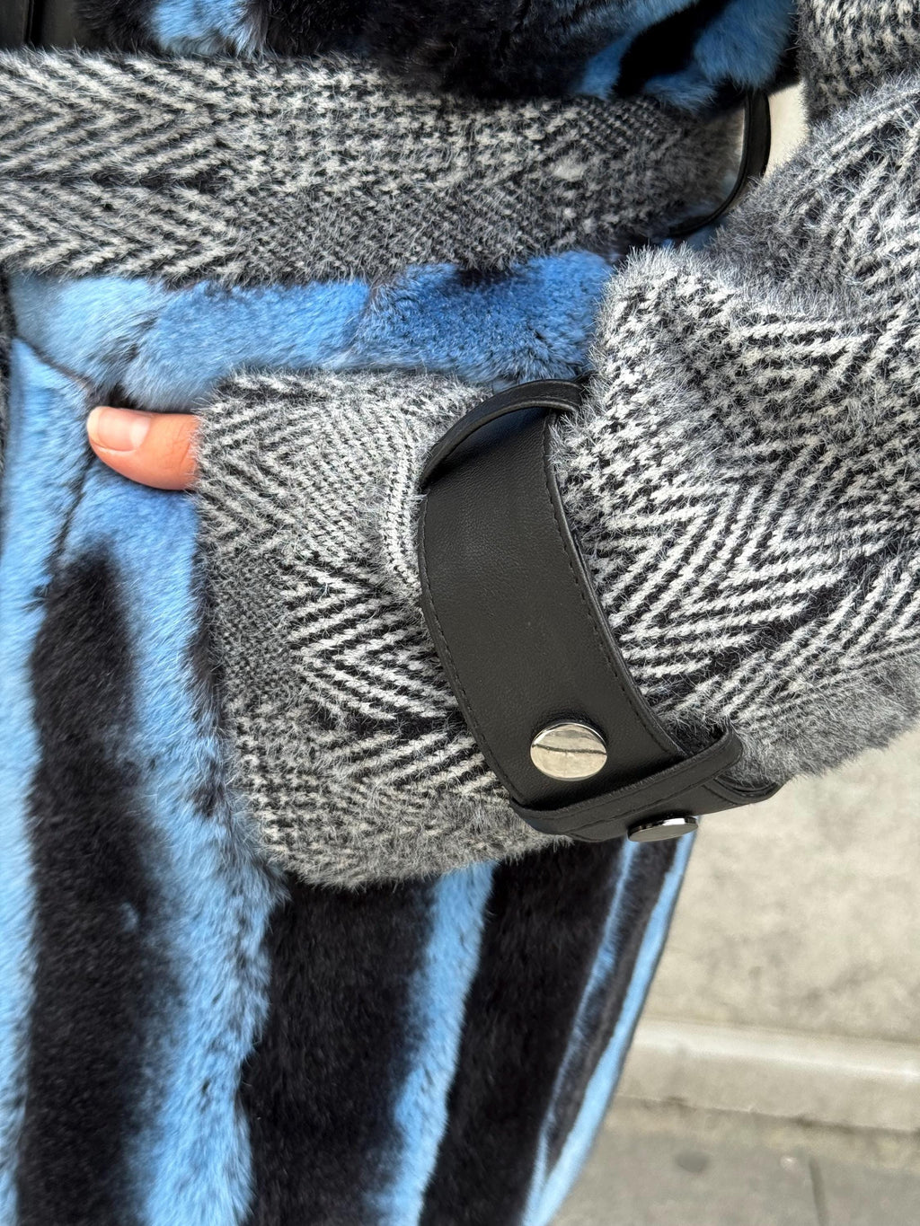 Luxury Handmade Rex Fur Patchwork Coat with Fox Fur Collar | Blue Black Women Long Winter Coat Handmade Wool Leather Details | Gift For Her