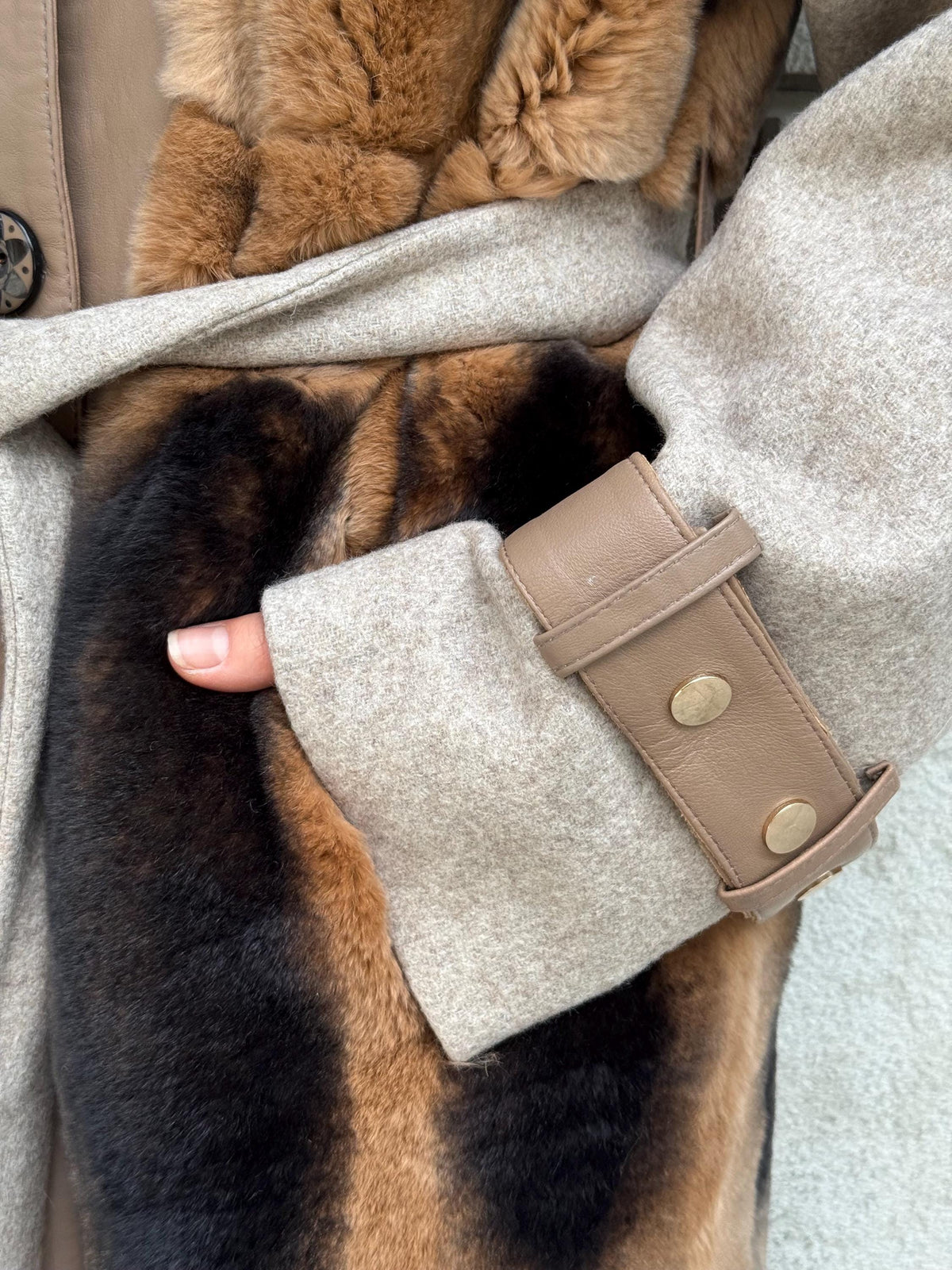 Beige Luxury Handmade Rex Fur Patchwork Coat with Fox Fur Collar | Beige Women Long Winter Coat Handmade Wool Leather Details | Gift For Her