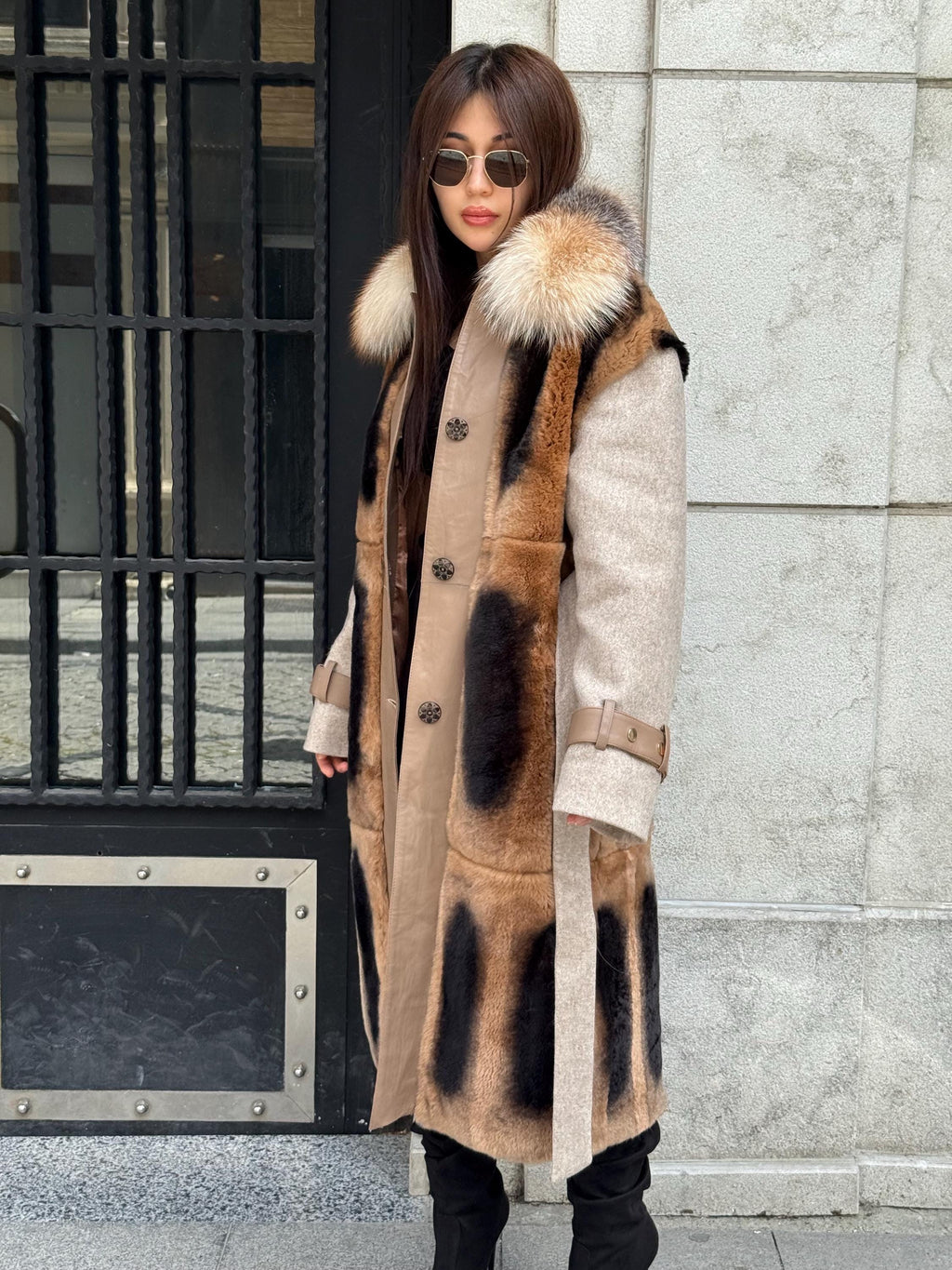 Beige Luxury Handmade Rex Fur Patchwork Coat with Fox Fur Collar | Beige Women Long Winter Coat Handmade Wool Leather Details | Gift For Her