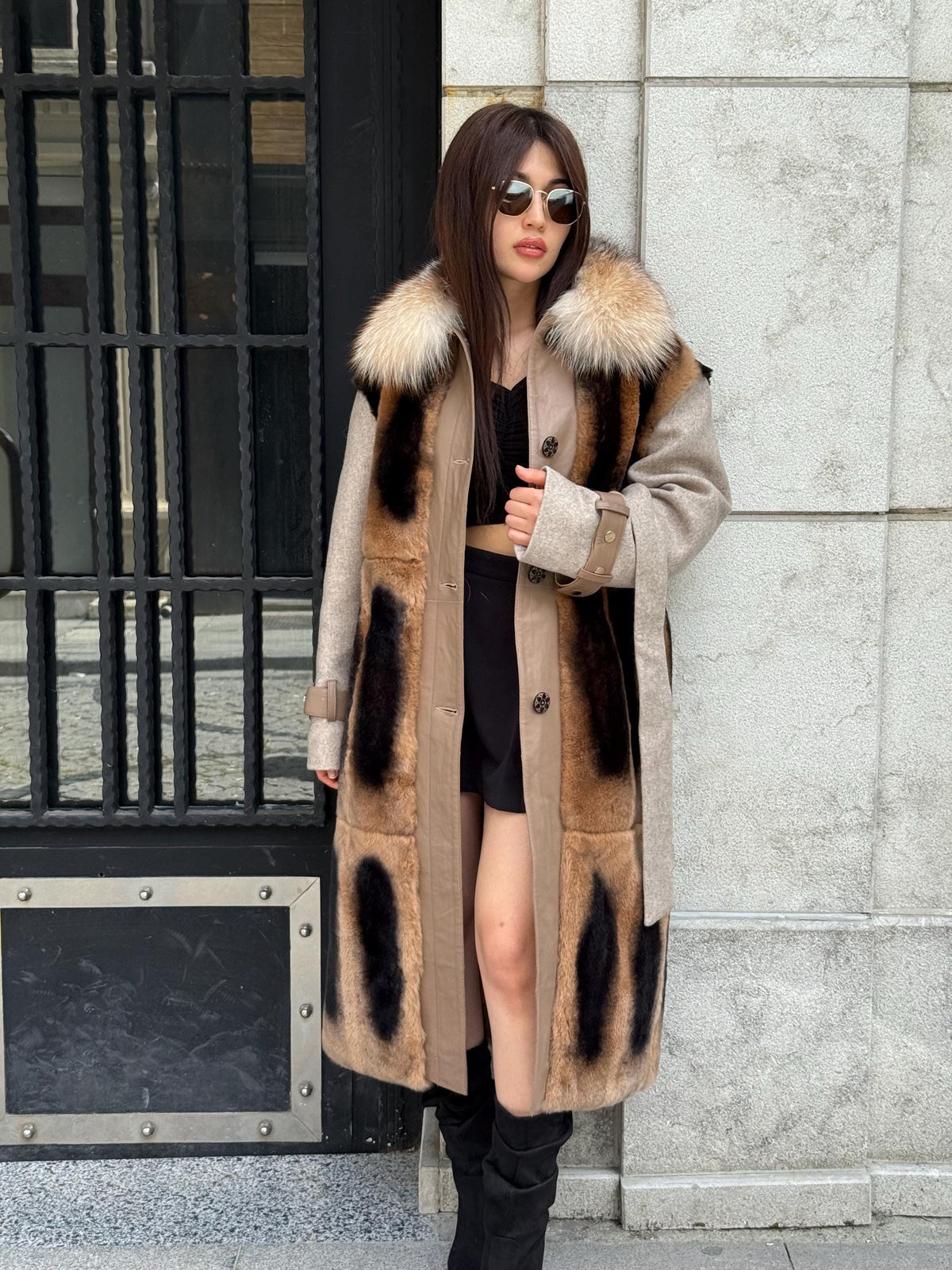 Beige Luxury Handmade Rex Fur Patchwork Coat with Fox Fur Collar | Beige Women Long Winter Coat Handmade Wool Leather Details | Gift For Her