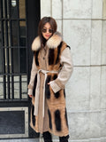 Beige Luxury Handmade Rex Fur Patchwork Coat with Fox Fur Collar | Beige Women Long Winter Coat Handmade Wool Leather Details | Gift For Her