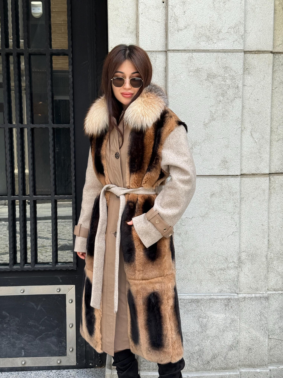 Beige Luxury Handmade Rex Fur Patchwork Coat with Fox Fur Collar | Beige Women Long Winter Coat Handmade Wool Leather Details | Gift For Her