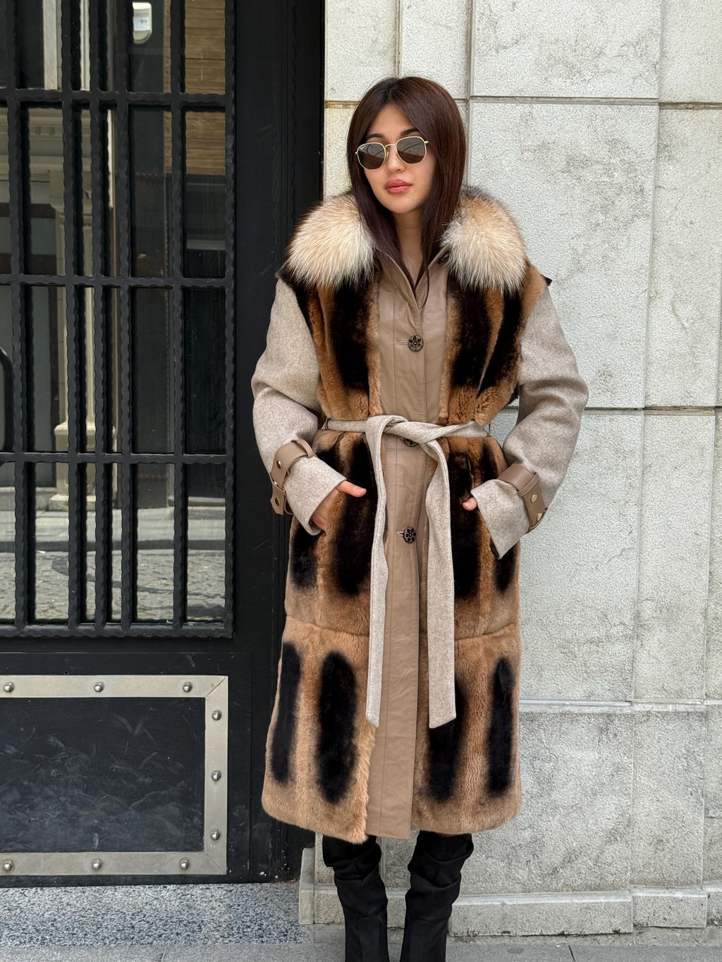 Beige Luxury Handmade Rex Fur Patchwork Coat with Fox Fur Collar | Beige Women Long Winter Coat Handmade Wool Leather Details | Gift For Her