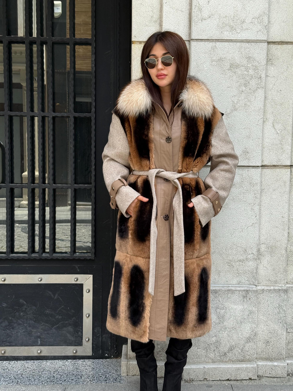 Beige Luxury Handmade Rex Fur Patchwork Coat with Fox Fur Collar | Beige Women Long Winter Coat Handmade Wool Leather Details | Gift For Her