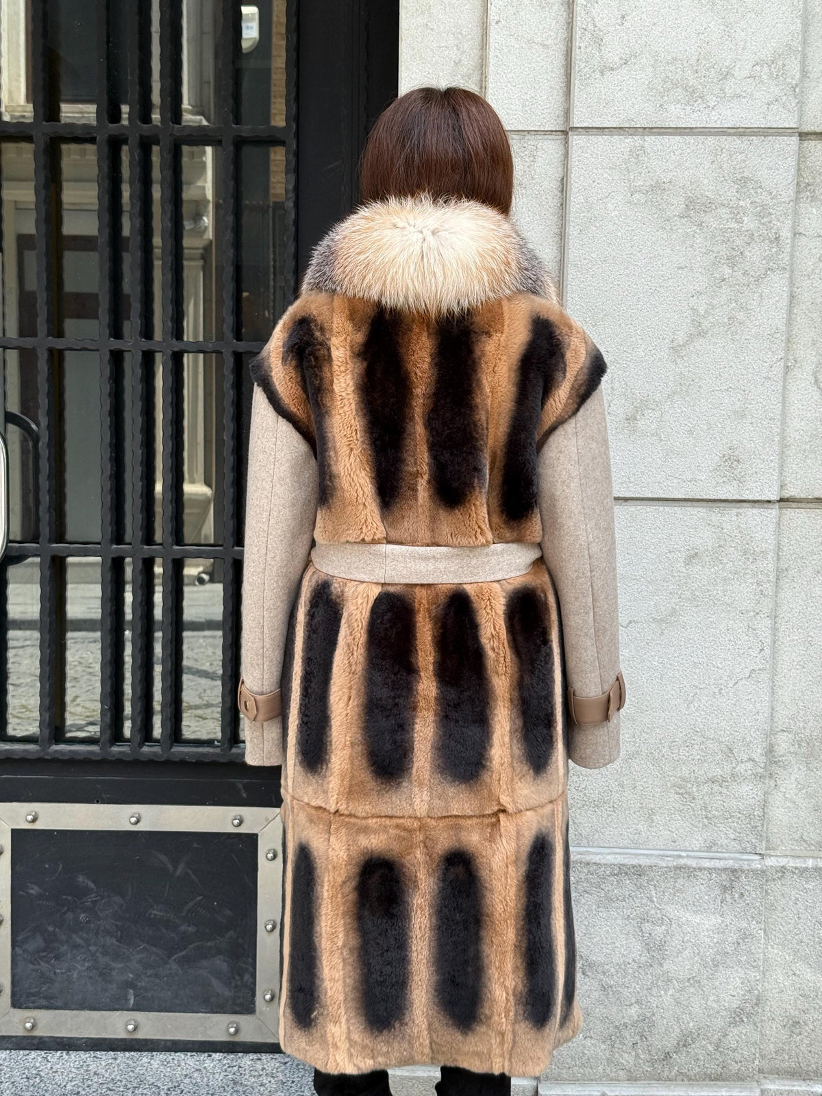 Beige Luxury Handmade Rex Fur Patchwork Coat with Fox Fur Collar | Beige Women Long Winter Coat Handmade Wool Leather Details | Gift For Her