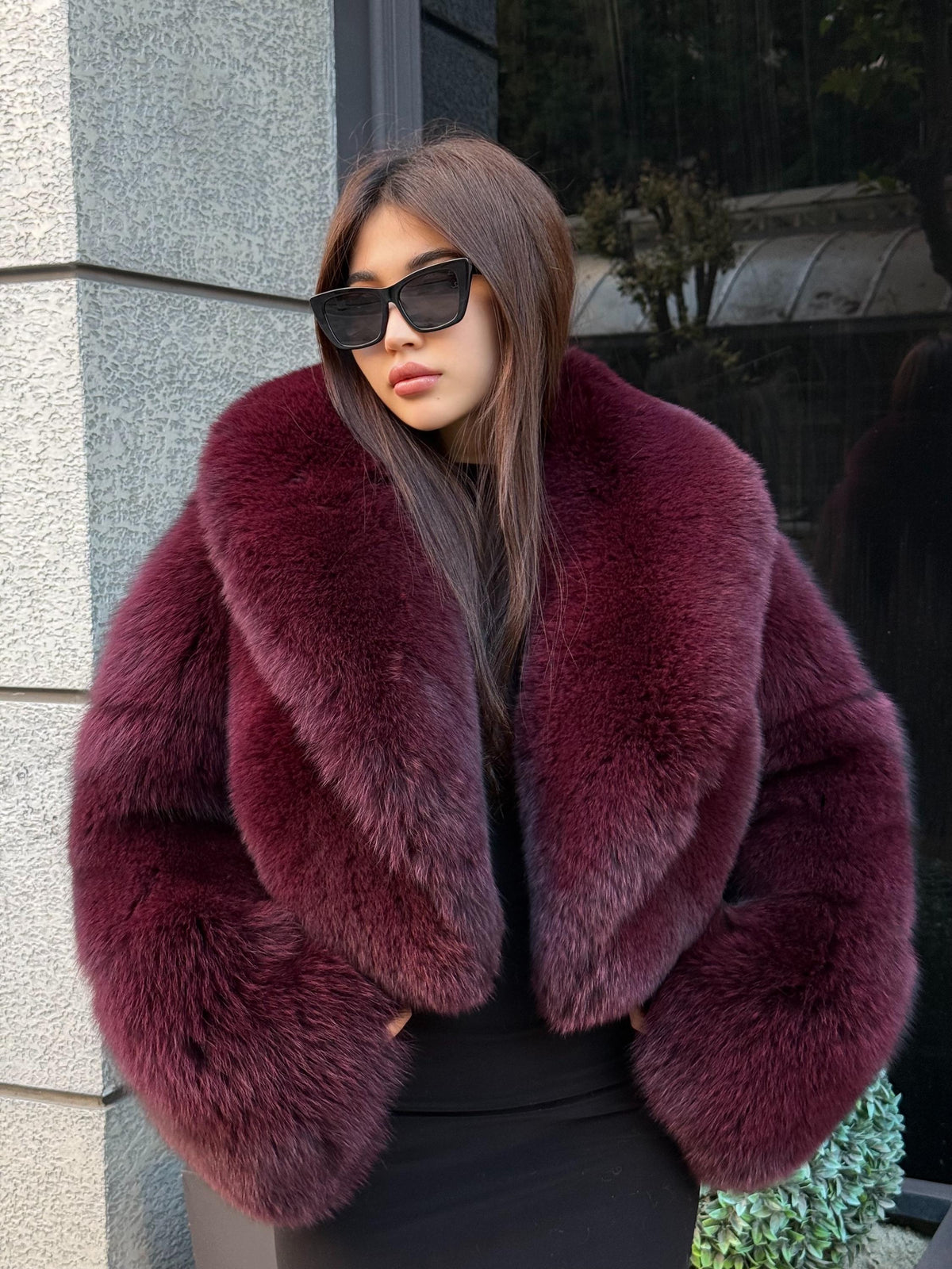 Burgundy Fox Fur Jacket, Women’s Handmade Short Fox Fur Coat
