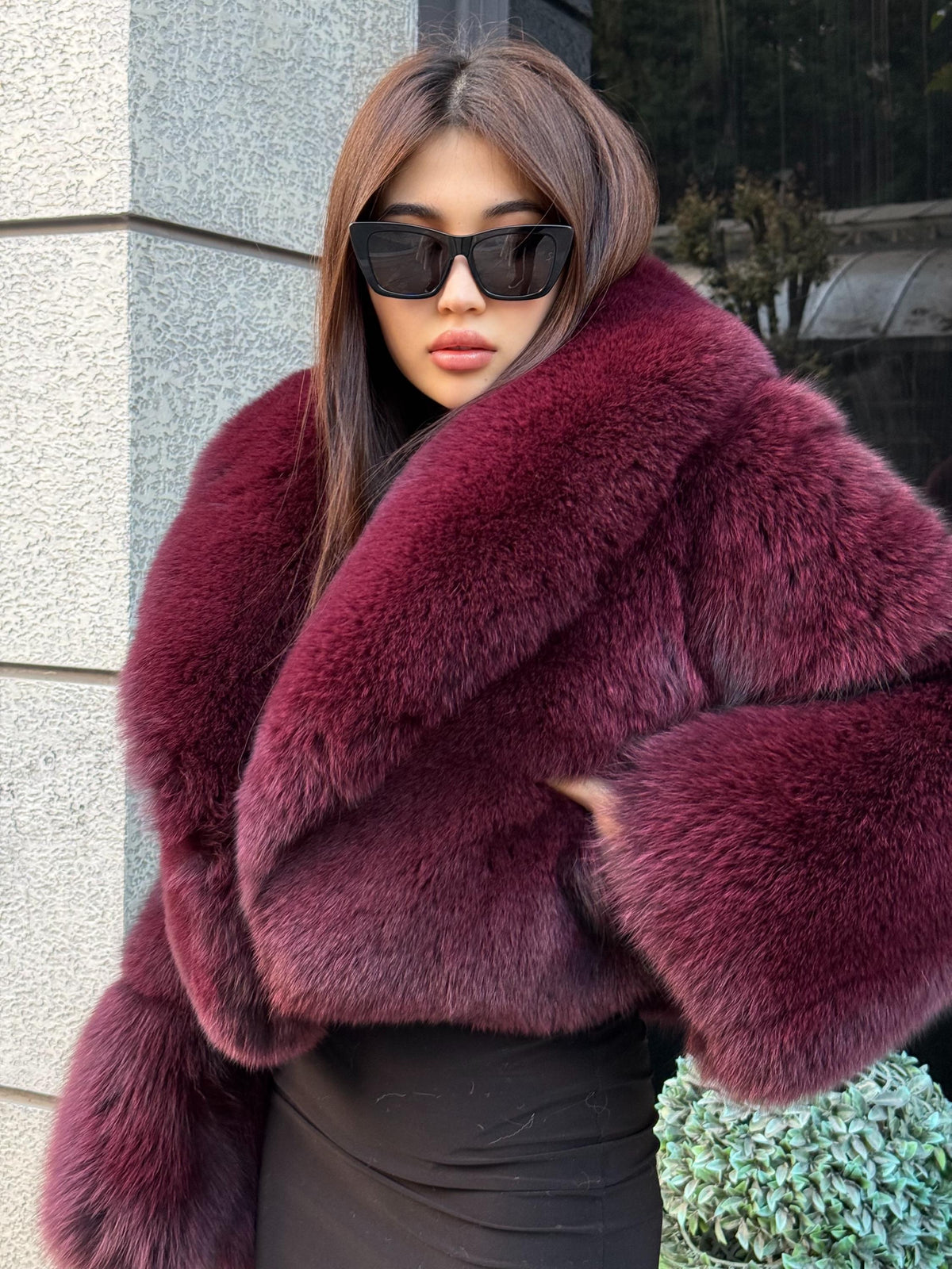 Burgundy Fox Fur Jacket, Women’s Handmade Short Fox Fur Coat