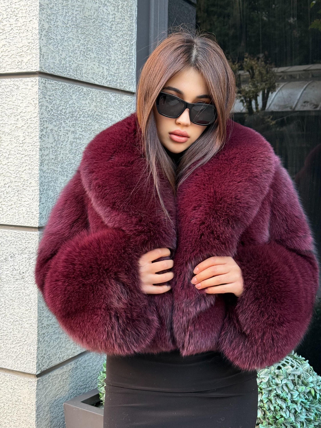 Burgundy Fox Fur Jacket, Women’s Handmade Short Fox Fur Coat