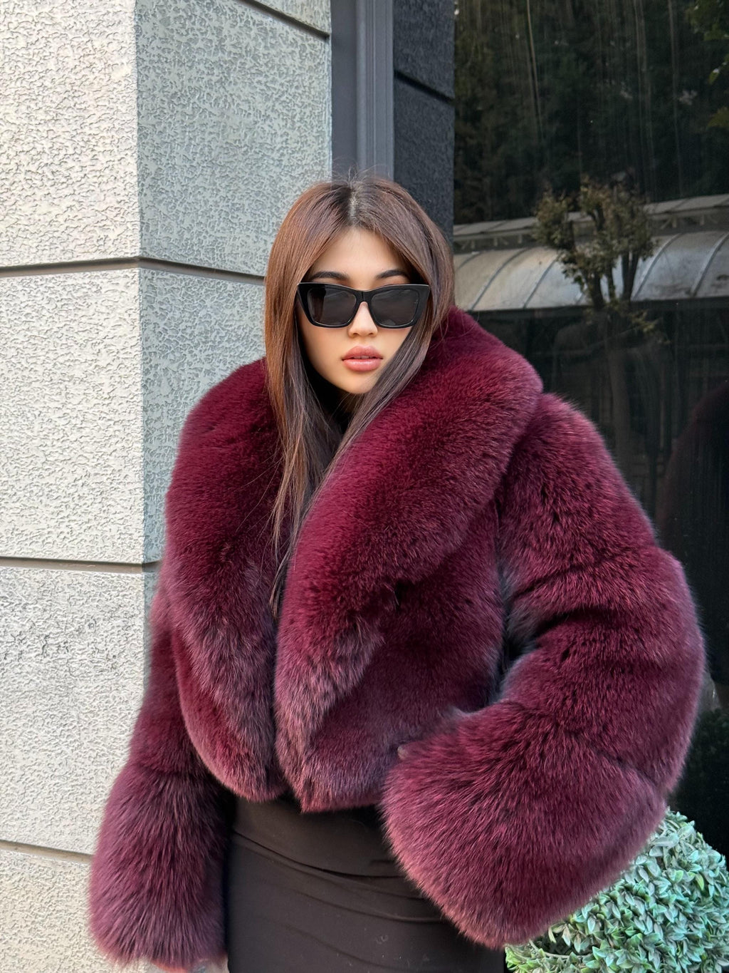Burgundy Fox Fur Jacket, Women’s Handmade Short Fox Fur Coat
