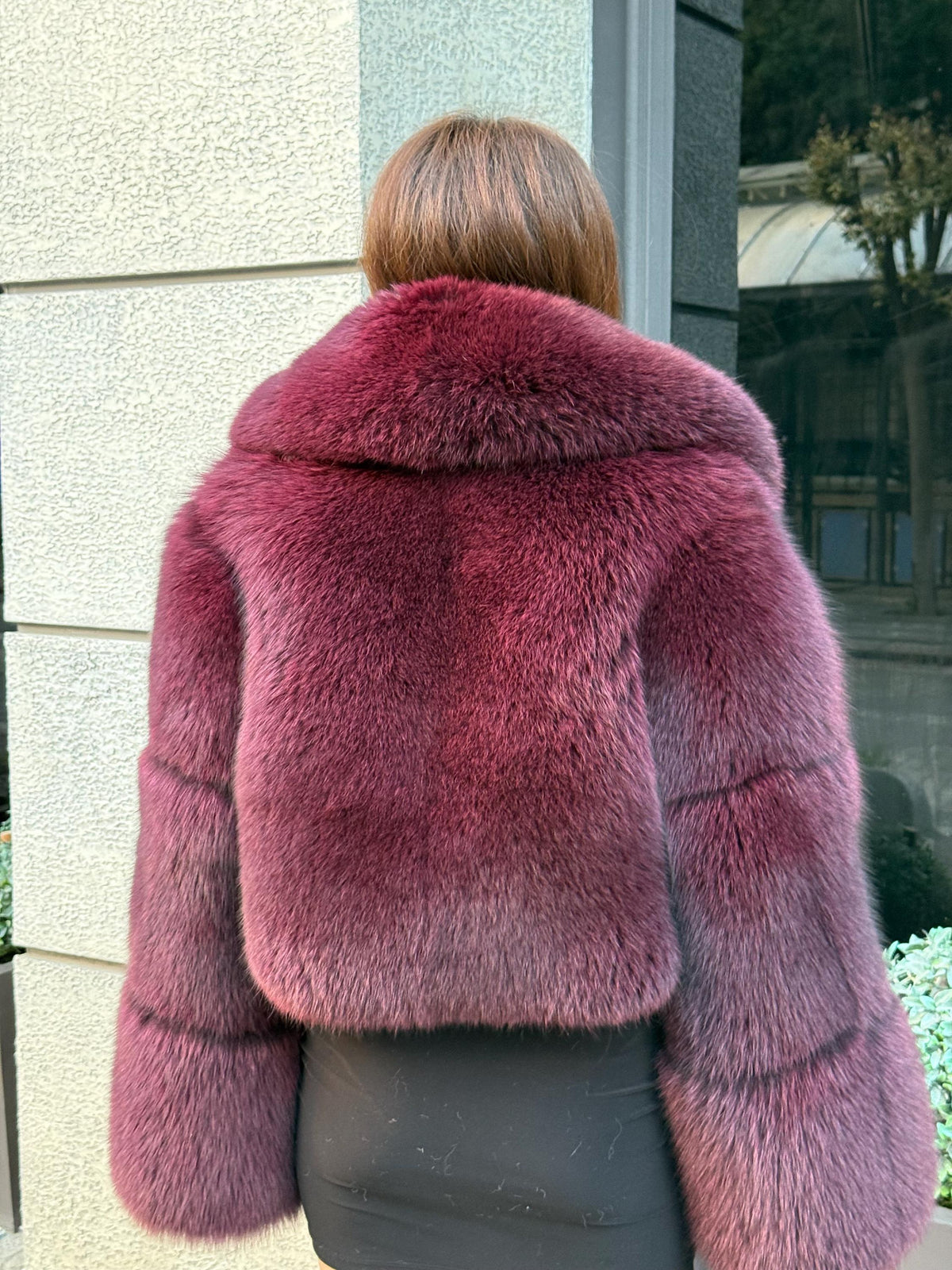 Burgundy Fox Fur Jacket, Women’s Handmade Short Fox Fur Coat