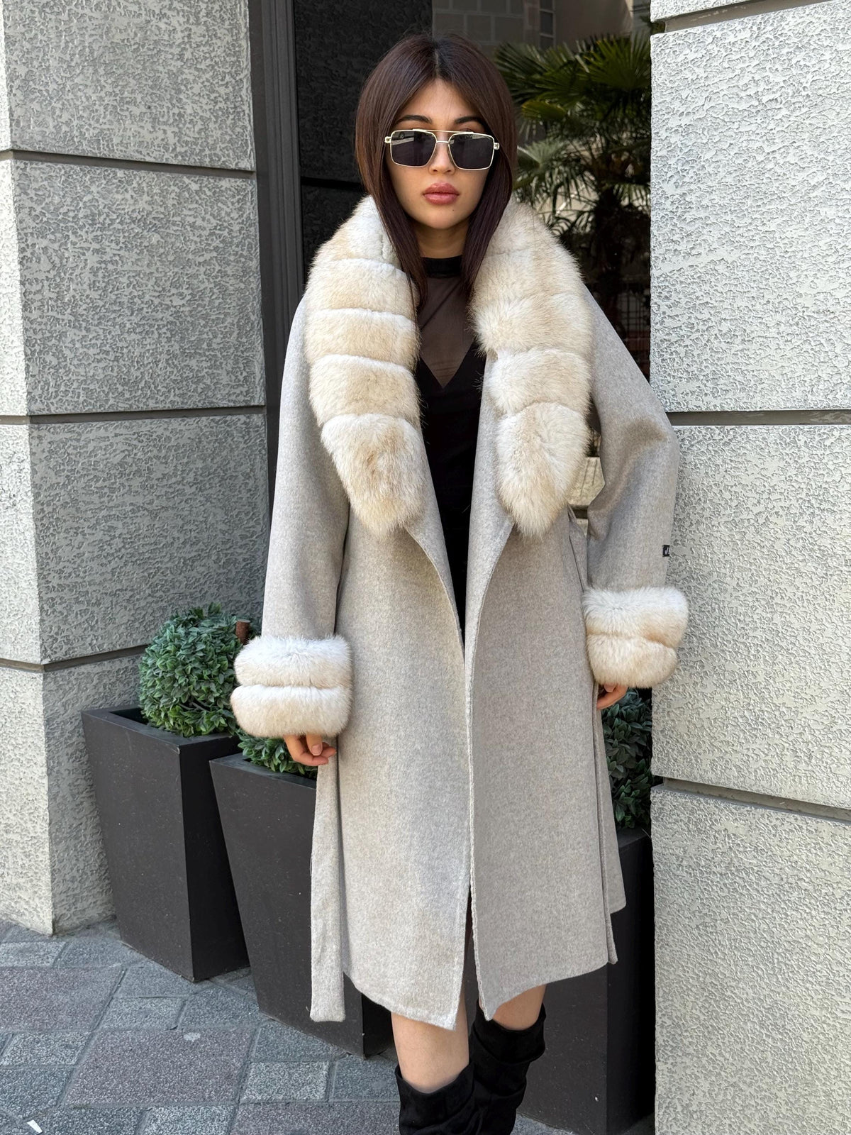 Beige Long Alpaca Wool Coat, Women’s Handmade Collar & Cuffs - Fox Fur Jacket