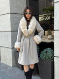Beige Long Alpaca Wool Coat, Women’s Handmade Collar & Cuffs - Fox Fur Jacket
