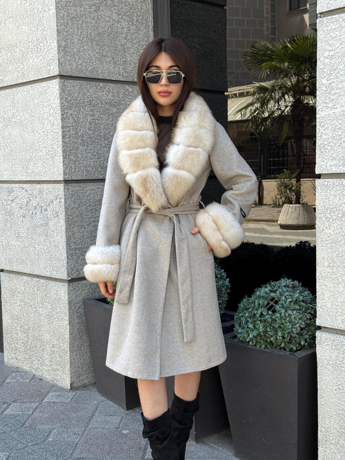 Beige Long Alpaca Wool Coat, Women’s Handmade Collar & Cuffs - Fox Fur Jacket