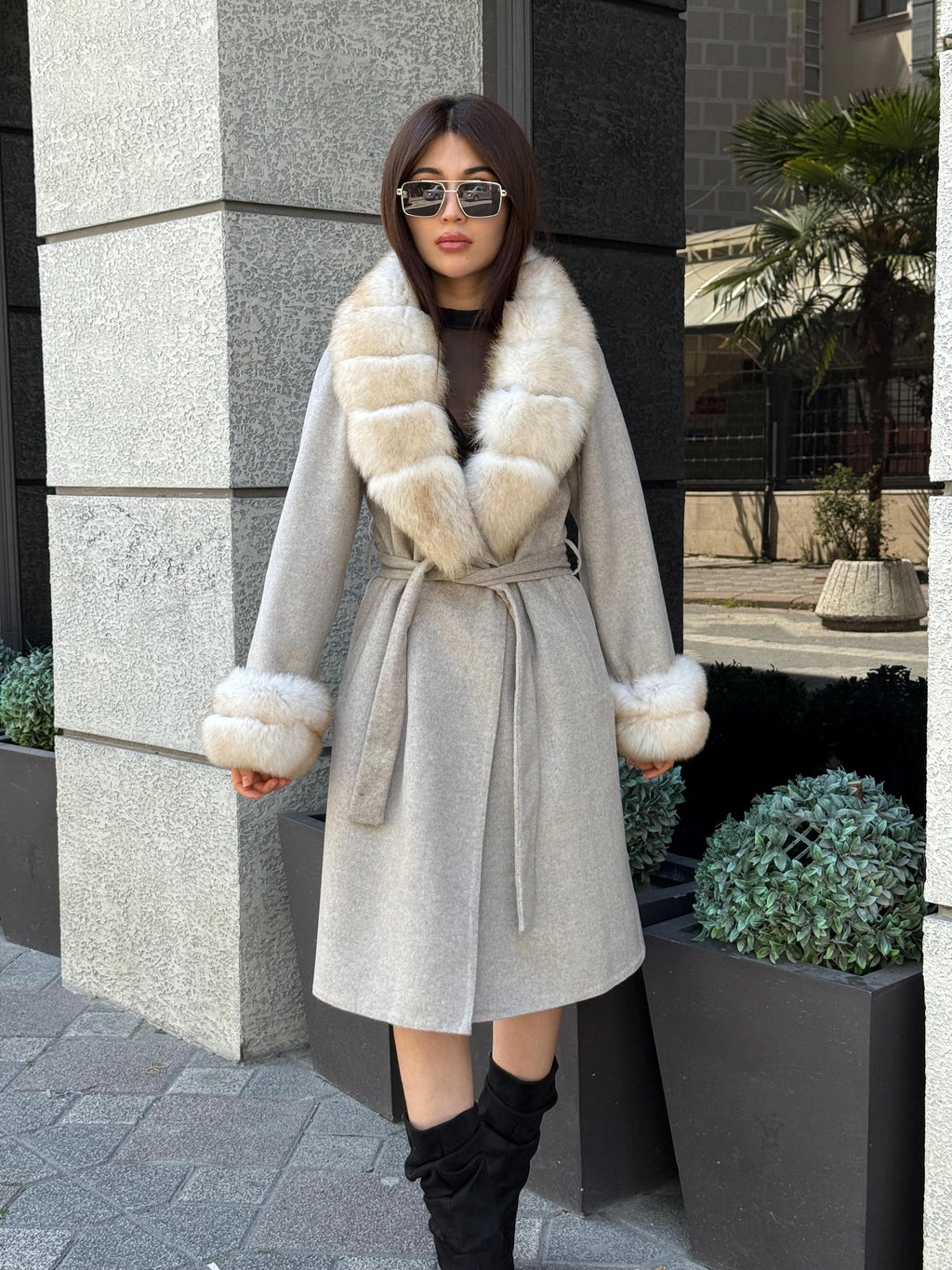 Beige Long Alpaca Wool Coat, Women’s Handmade Collar & Cuffs - Fox Fur Jacket