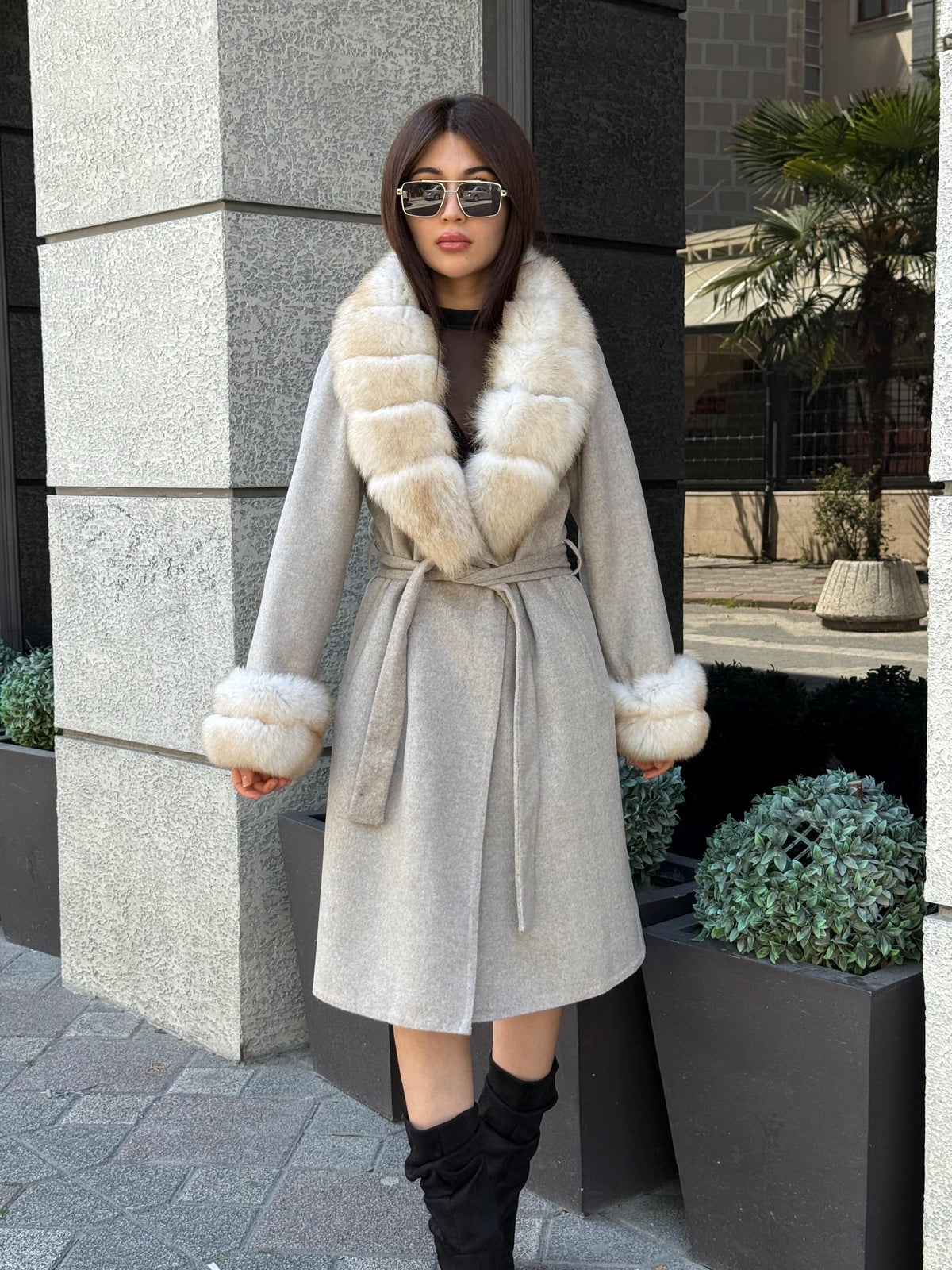 Beige Long Alpaca Wool Coat, Women’s Handmade Collar & Cuffs - Fox Fur Jacket