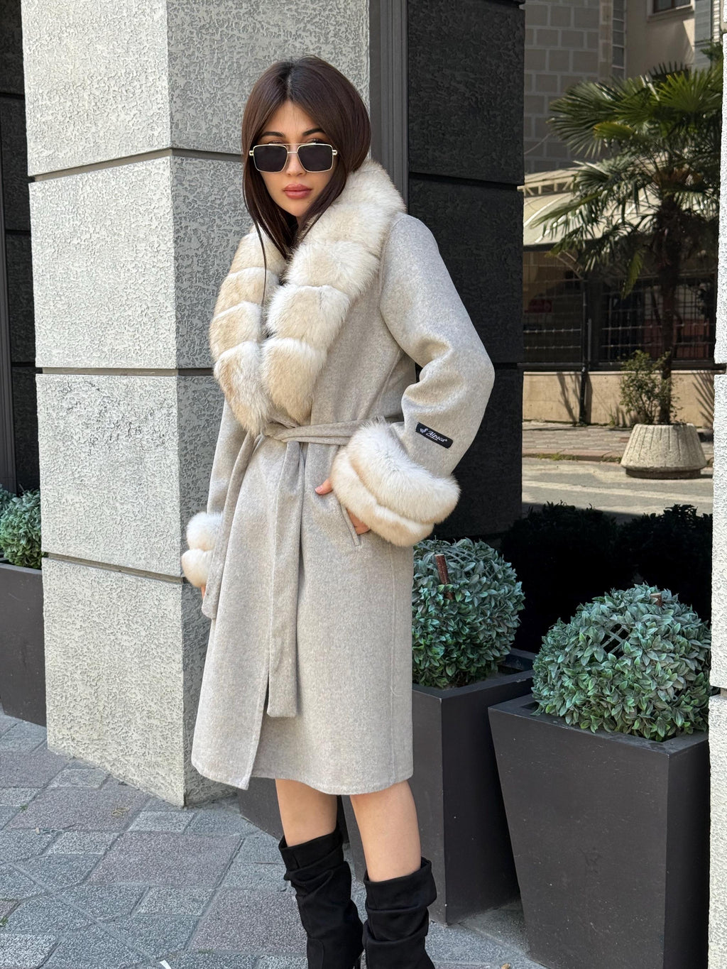 Beige Long Alpaca Wool Coat, Women’s Handmade Collar & Cuffs - Fox Fur Jacket
