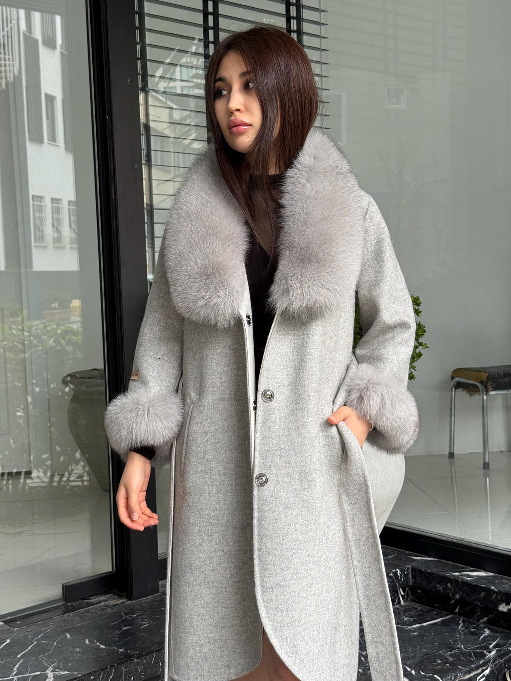 Gray Handmade Women Alpaca Coat With Fox Fur , Luxury Outwear | Natural Alpaca Wool Coat | Soft & Warm – Handmade Women’s Outerwear