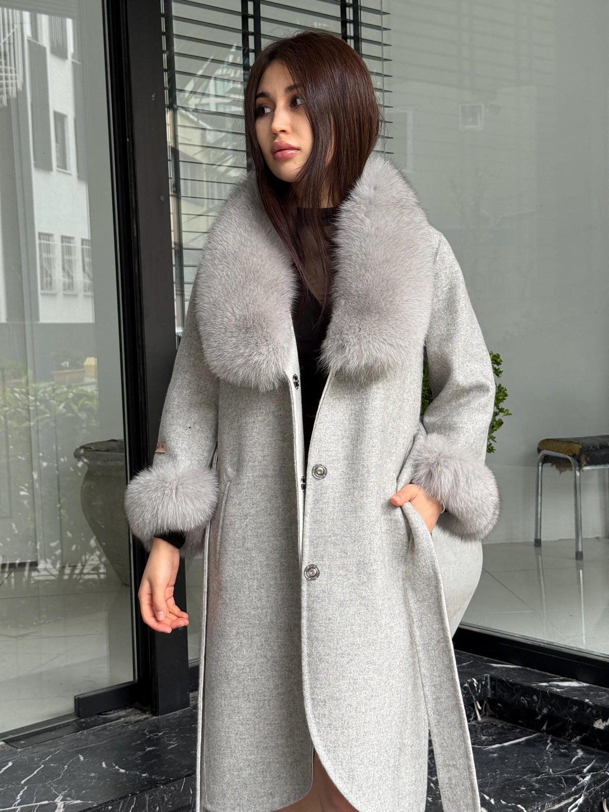 Gray Handmade Women Alpaca Coat With Fox Fur , Luxury Outwear | Natural Alpaca Wool Coat | Soft & Warm – Handmade Women’s Outerwear